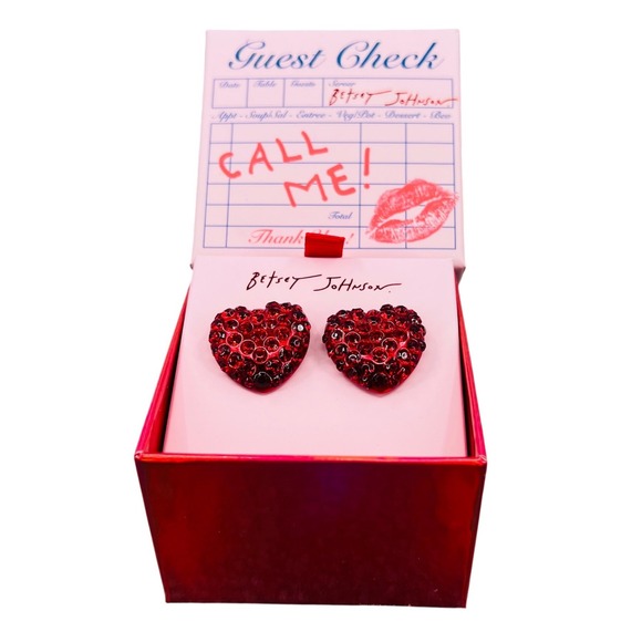 Betsey Johnson Red Pave Crystal Heart Stud Earring Set Y2K Glam NWT - Picture 3 of 6